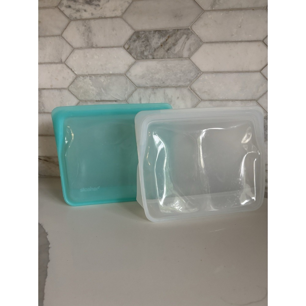 Stasher Silicone Bags Lot of 2 Stand Up Mid Size Clear & Blue Reusable Premium